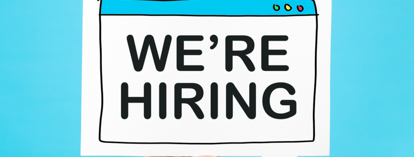 Concept of recruitment and job search. "We are hiring" text on blue background. Job board design, template.