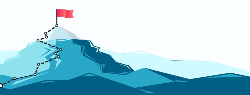 Vector image of a mountain range in hues of blue with a red flag on top