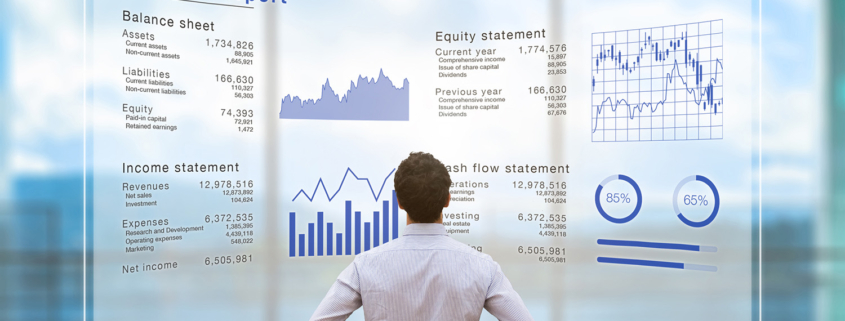 Businessman analyzing financial report data company operations, balance sheet, fintech